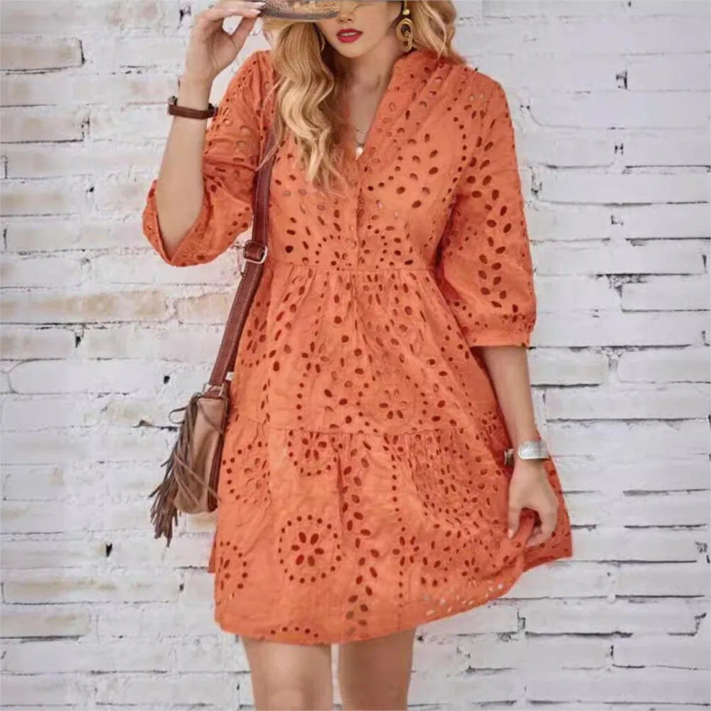 Elegant Hollow Out 7-Point Sleeve Casual Dress for Women - Image 6