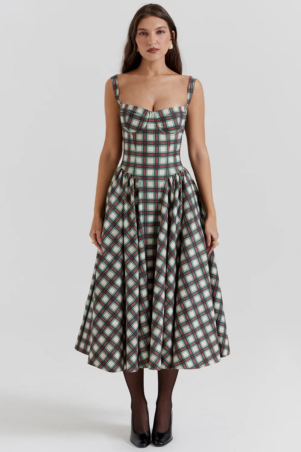 Elegant A-line Plaid Midi Dress with Spaghetti Straps - Image 17