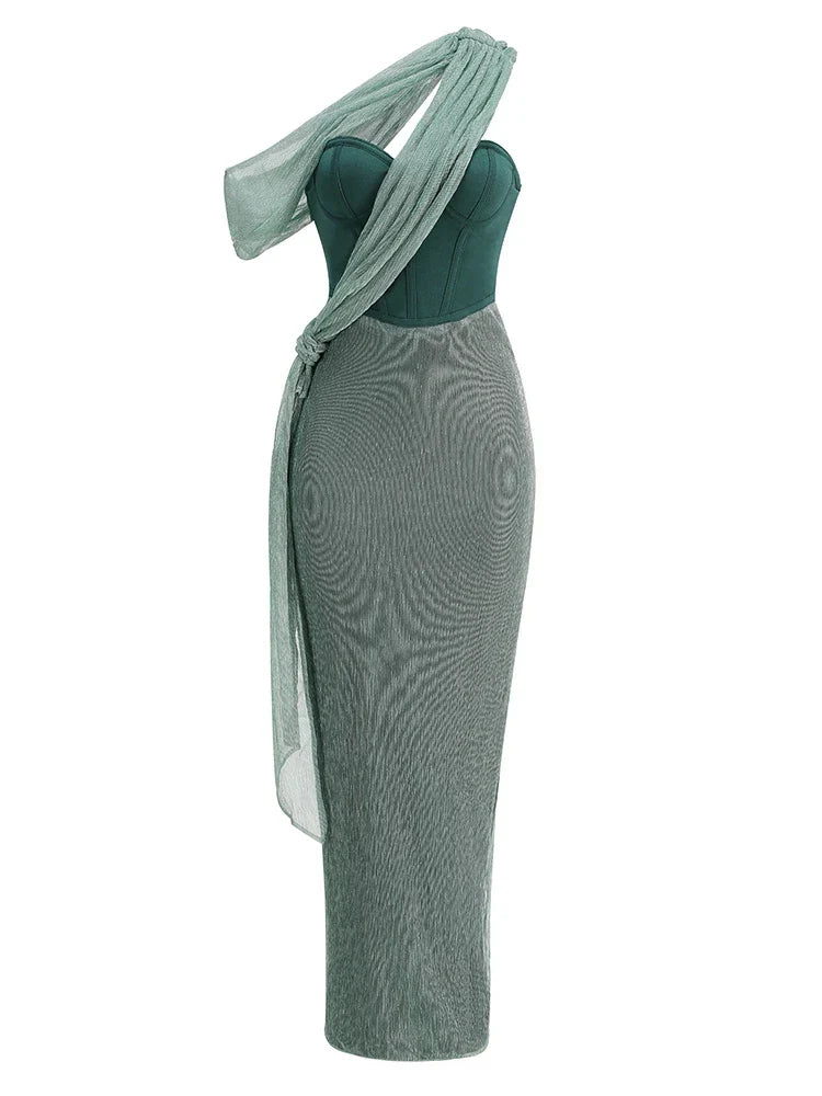 Elegant Brown Glitter One Shoulder Bodycon Maxi Dress - Image 25