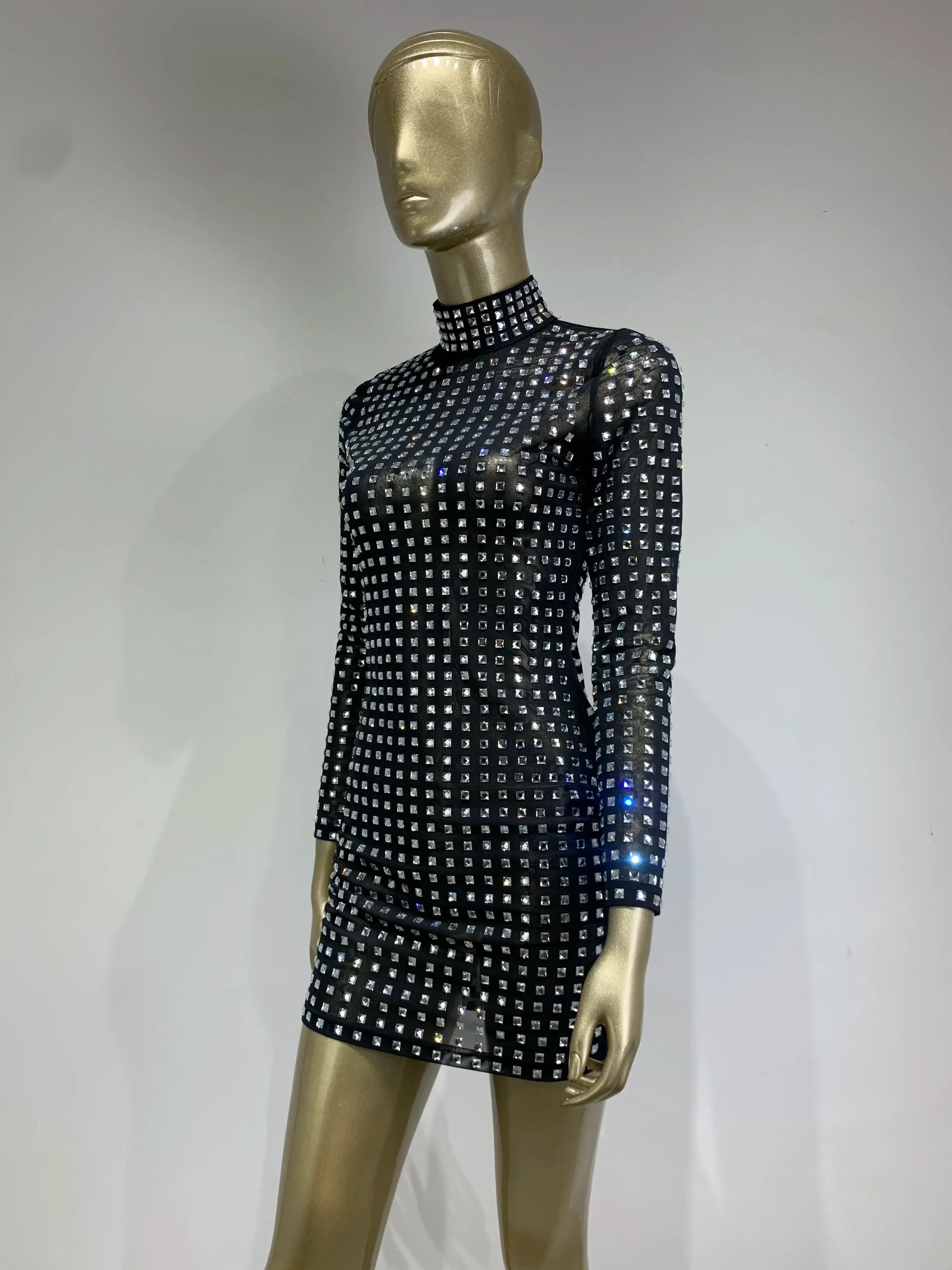 Women s High Stretch Bodycon Mesh Turtleneck Mini Dress - Image 9