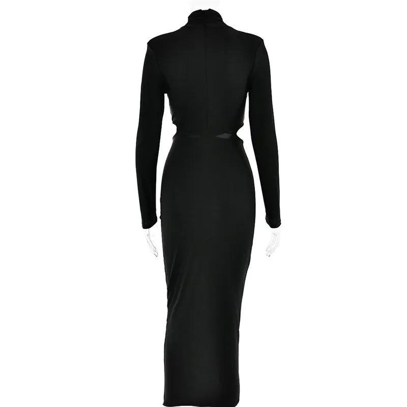 Elegant Hollow Out Turtleneck Long Sleeve Maxi Dress for Women - Image 13