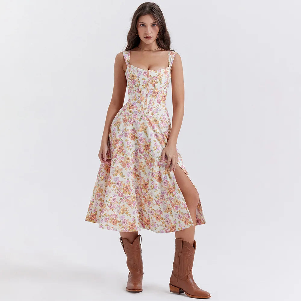 Elegant Green Lace-Up Floral Print Summer Dress for Women - Image 7