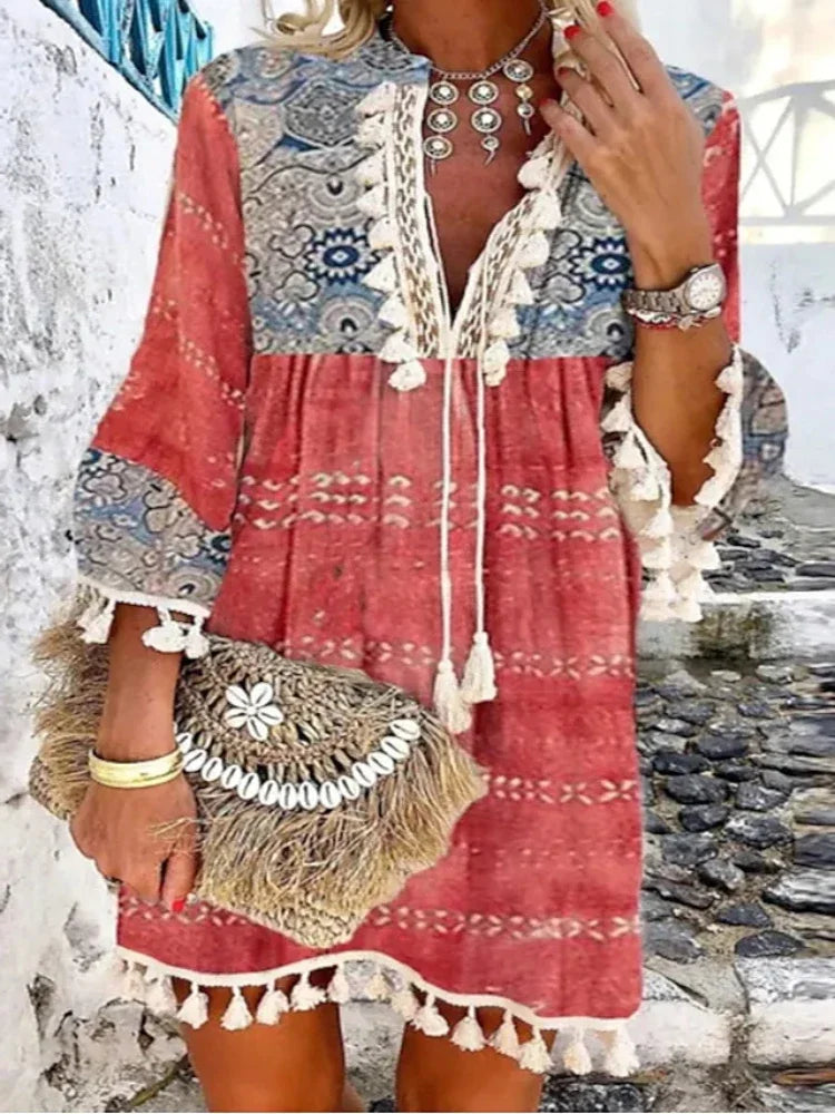 Elegant Boho Floral Tassel Dress for Summer Vacations - Image 3