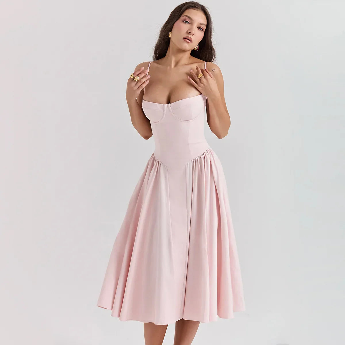 Elegant Sleeveless Midi Dress with Frill Hem & Corset - Image 14