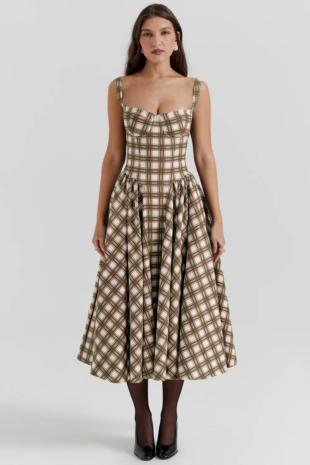 Elegant A-line Plaid Midi Dress with Spaghetti Straps - Image 34