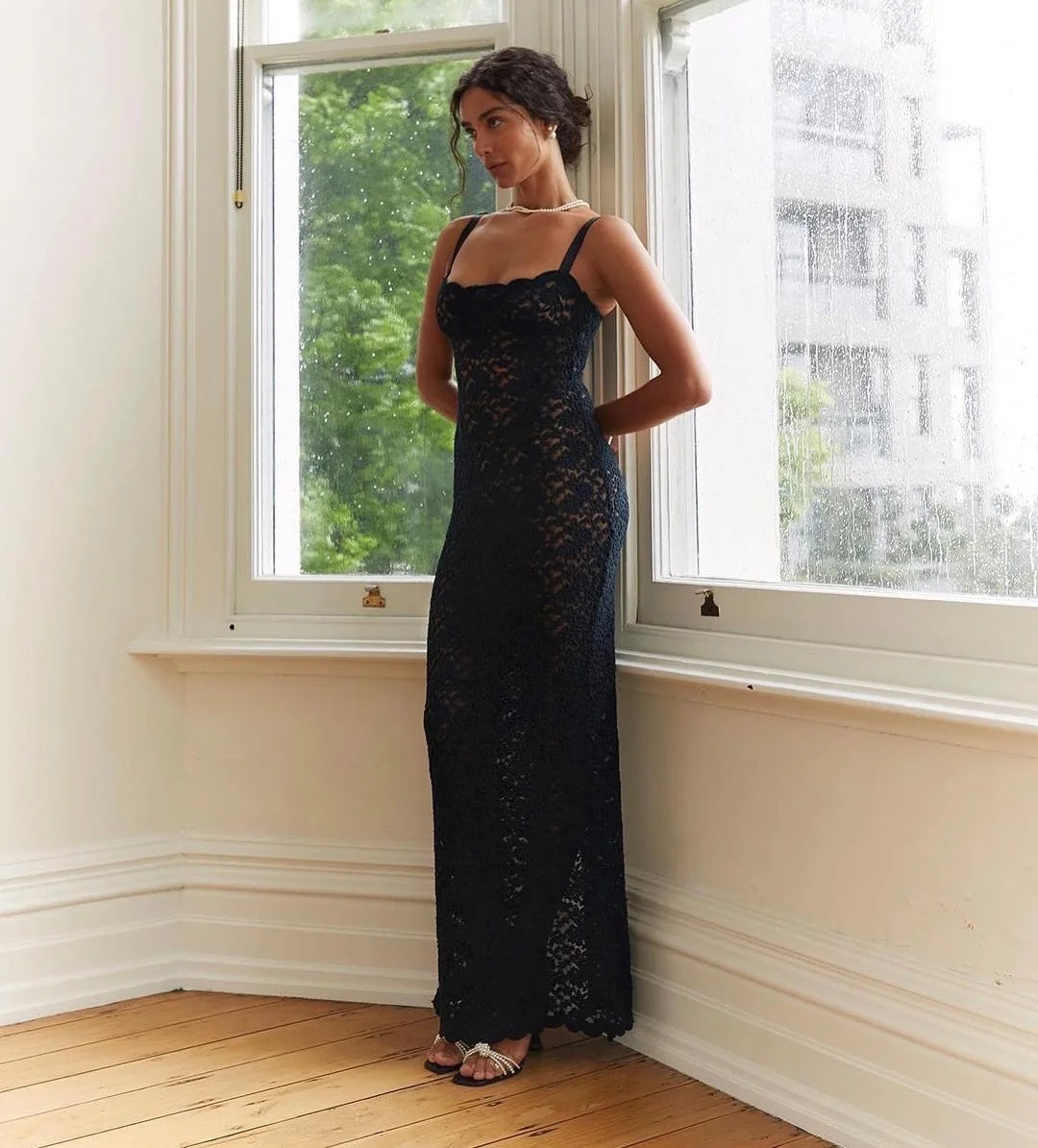 Elegant Black Lace Maxi Dress with Spaghetti Straps - Image 20