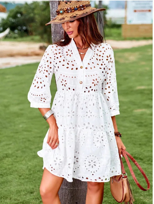 Elegant Hollow Out 7-Point Sleeve Casual Dress for Women - Image 14