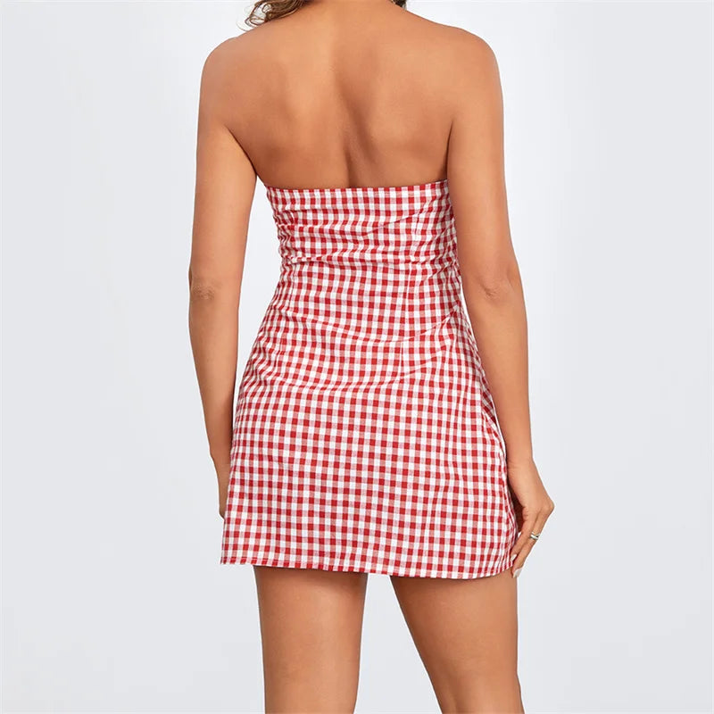Chic Red Gingham Strapless Mini Dress - Summer Style - Image 19