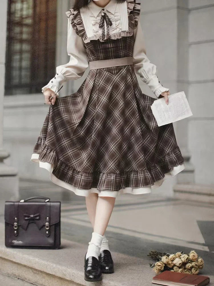 Women s Vintage Plaid Two-Piece Dress - Slim Fit Winter Fashion - Image 9