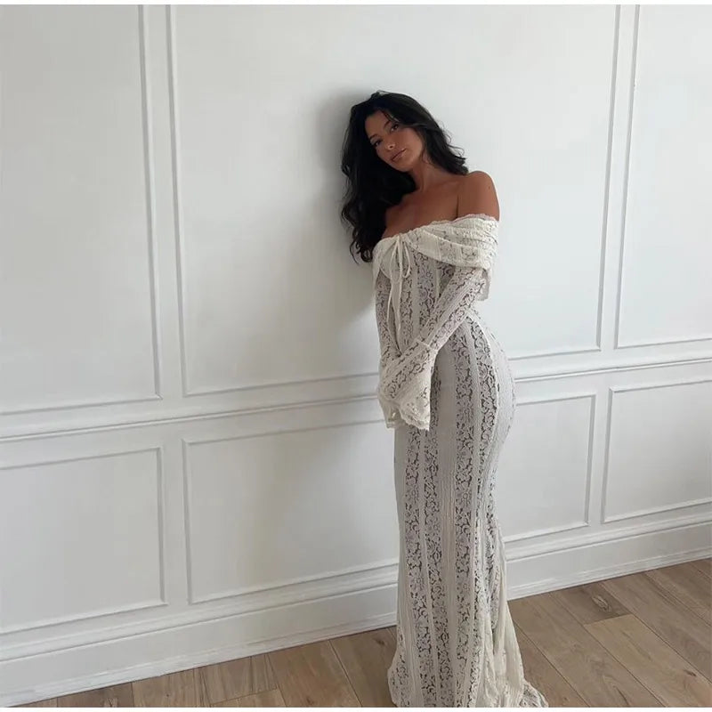 Elegant White Floral Lace Off-Shoulder Maxi Dress for Women - Image 28