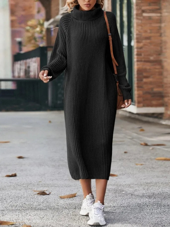 Women's Solid Color High Collar Long Knit Sweater Dress - Image 7