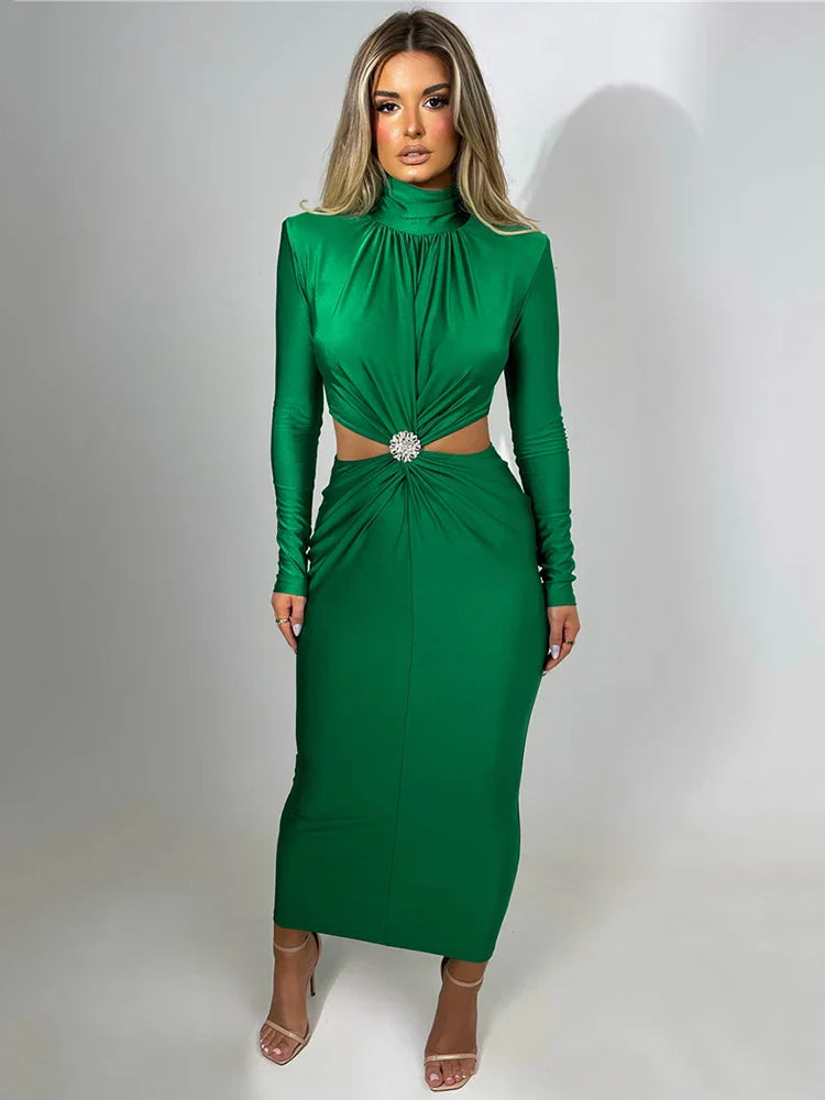 Elegant Hollow Out Turtleneck Long Sleeve Maxi Dress for Women