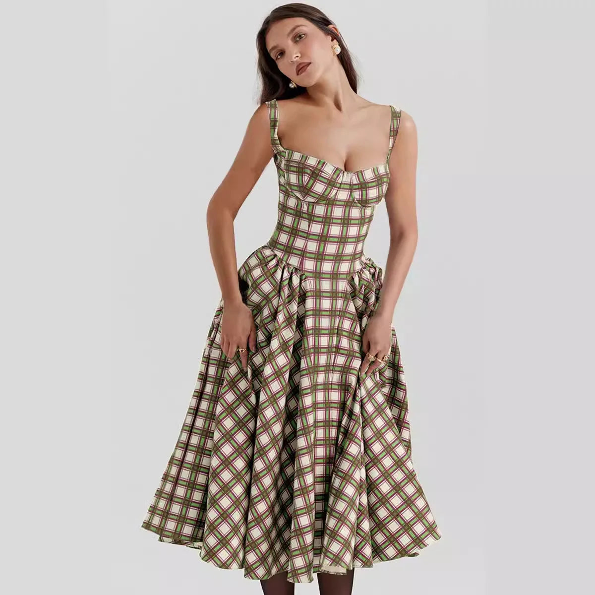 Elegant A-line Plaid Midi Dress with Spaghetti Straps