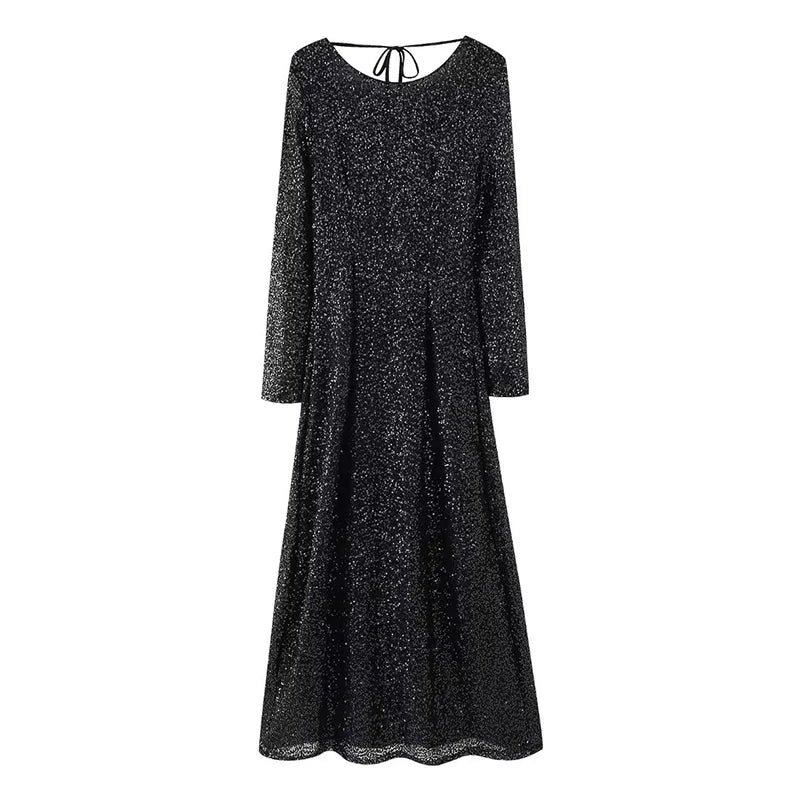 Elegant Backless Long Sleeve Sequined Vintage Dress for Women - Image 5