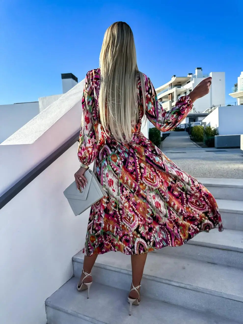 Elegant Floral Print Long Dress with Deep V-Neck - Image 12