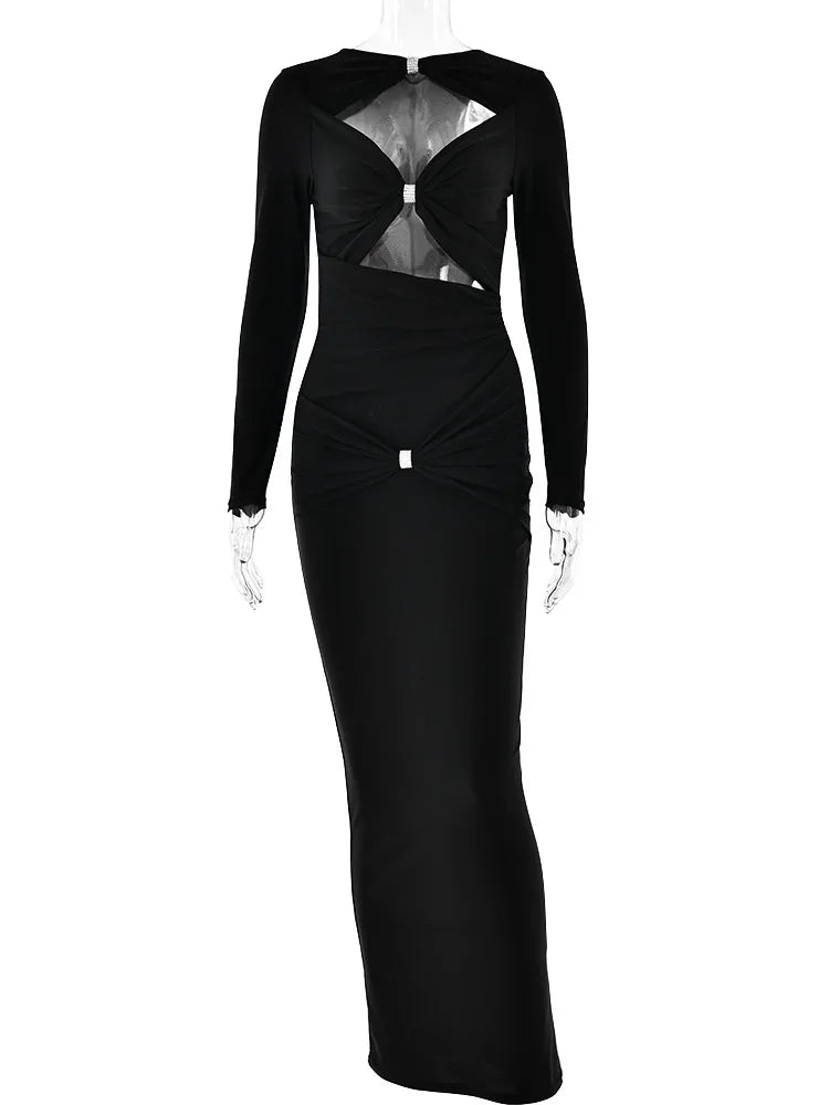 Elegant Hollow Out Long Sleeve Pleated Evening Dress - Image 9