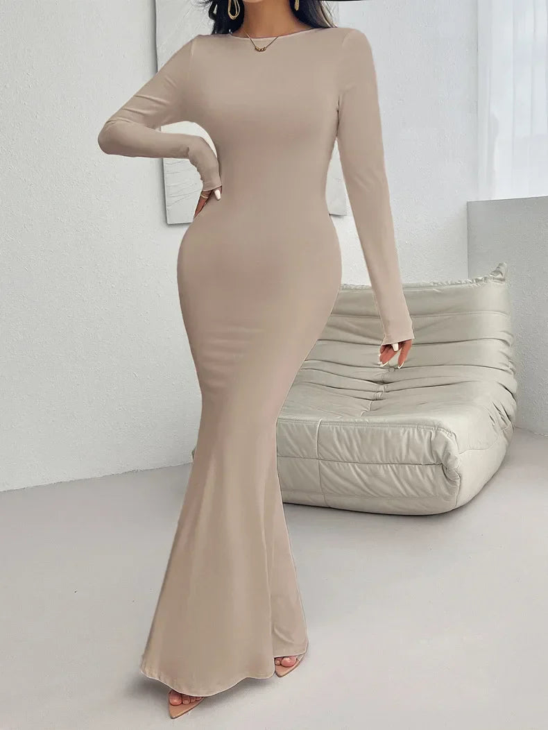 Solid Color Long Sleeve O-neck Women's Bodycon Dress - Image 12