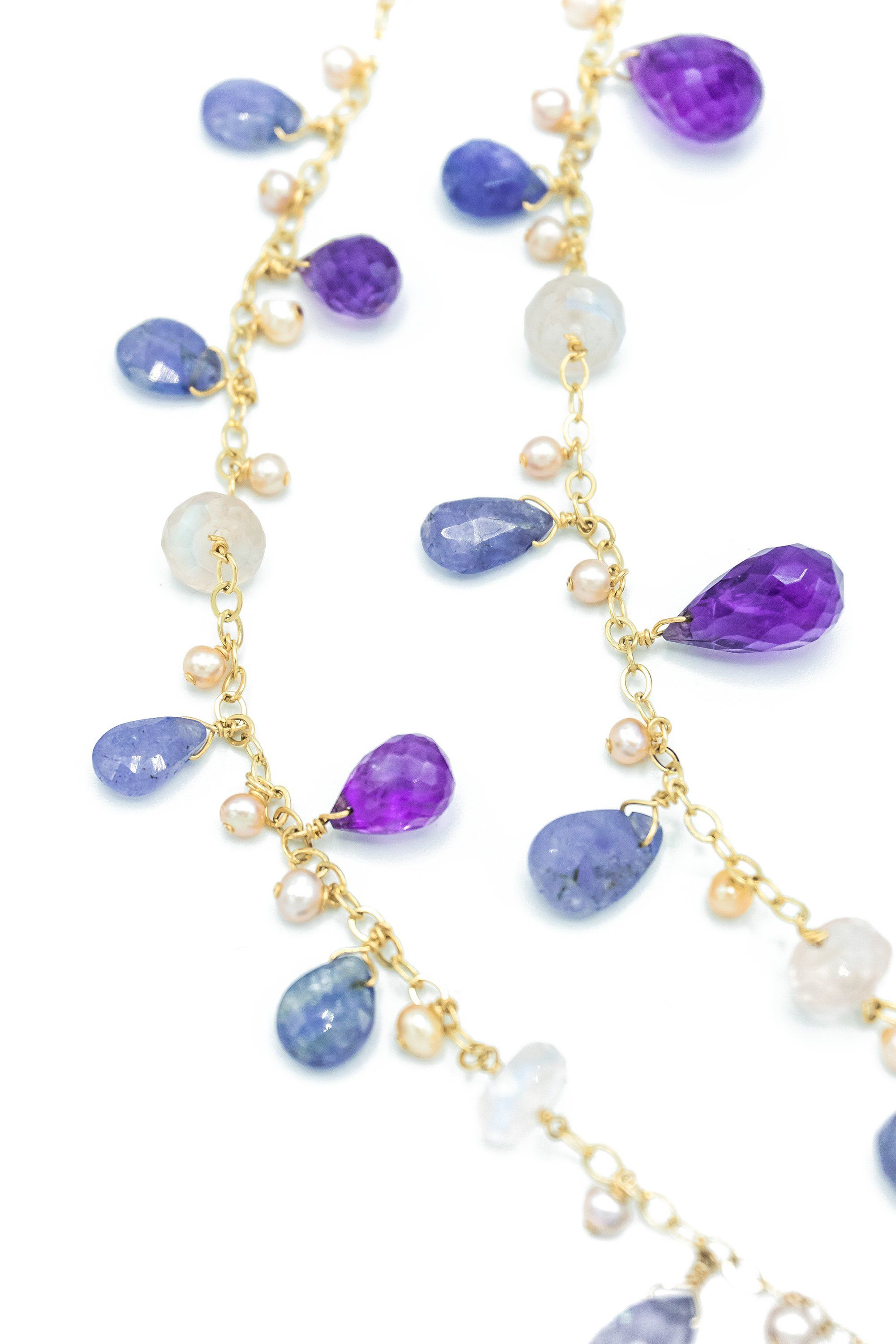 Tanzanite, Amethyst & Rose Quartz Long Chained Necklace