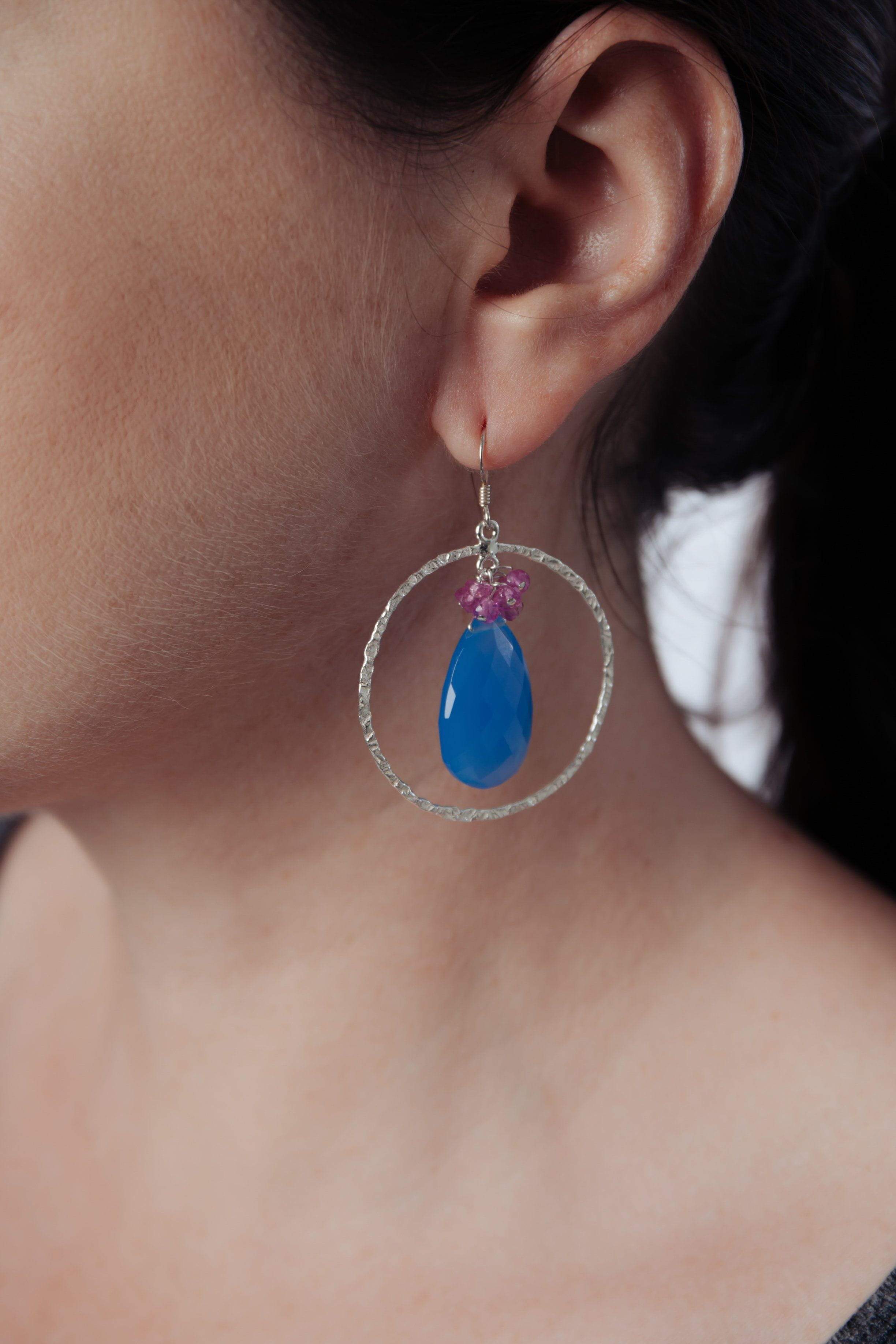 Blue Chalcedony & Pink Ruby Hoop Earrings