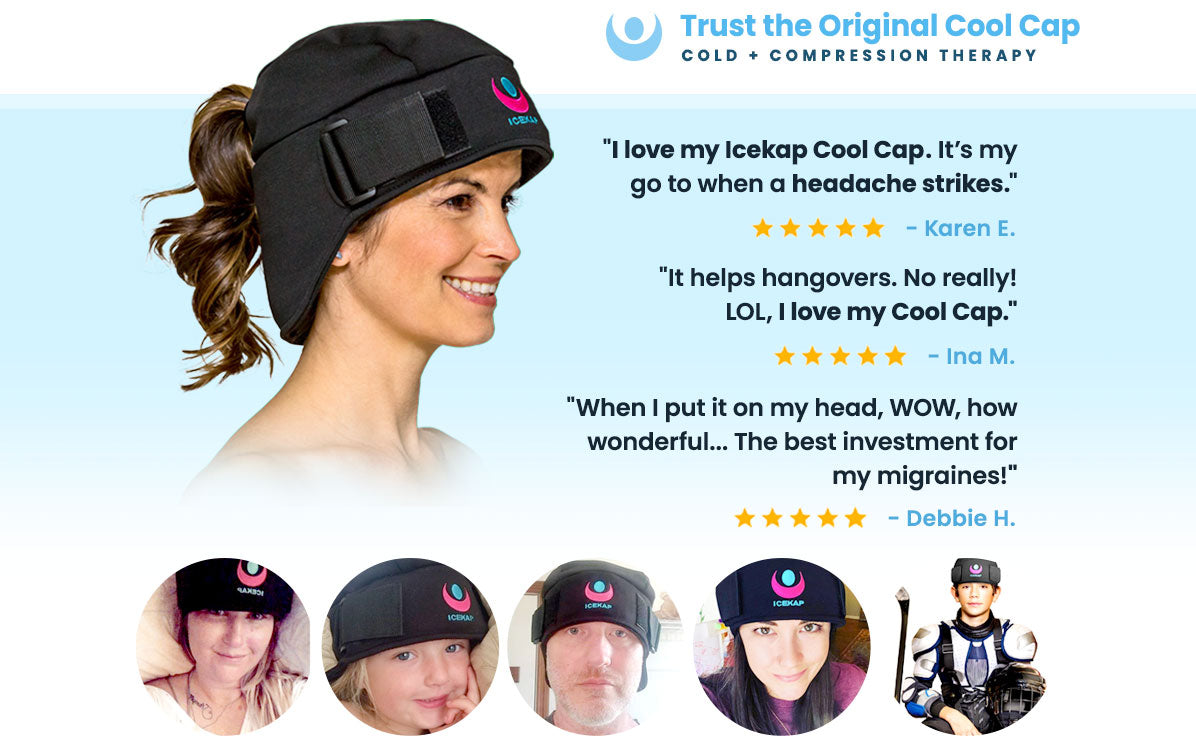 Trust the Orginal IceKap. COLD + COMPRESSION THERAPY. "I love my ICEKAP. It’s my go to when a headache strikes." 5 stars. Karen E.  "It helps hangovers. No really! LOL, I love my ICEKAP." 5 stars.  Ina M. "love my ICEKAP. It’s my go to when a headache strikes." 5 stars. Jeff R.