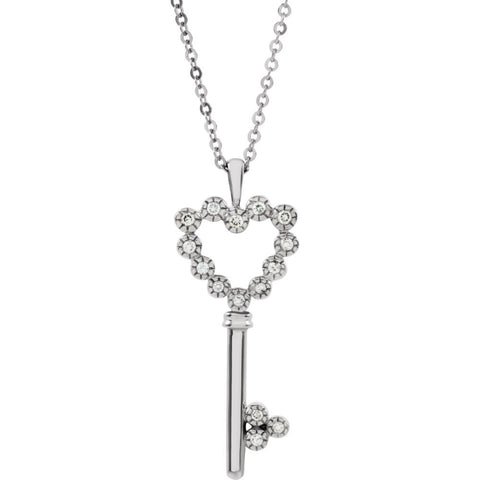 14k White Gold 1/10 CTW Diamond Heart Key Necklace