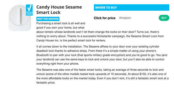 Reviewed.com on Sesame Smart Lock - Best for Renters