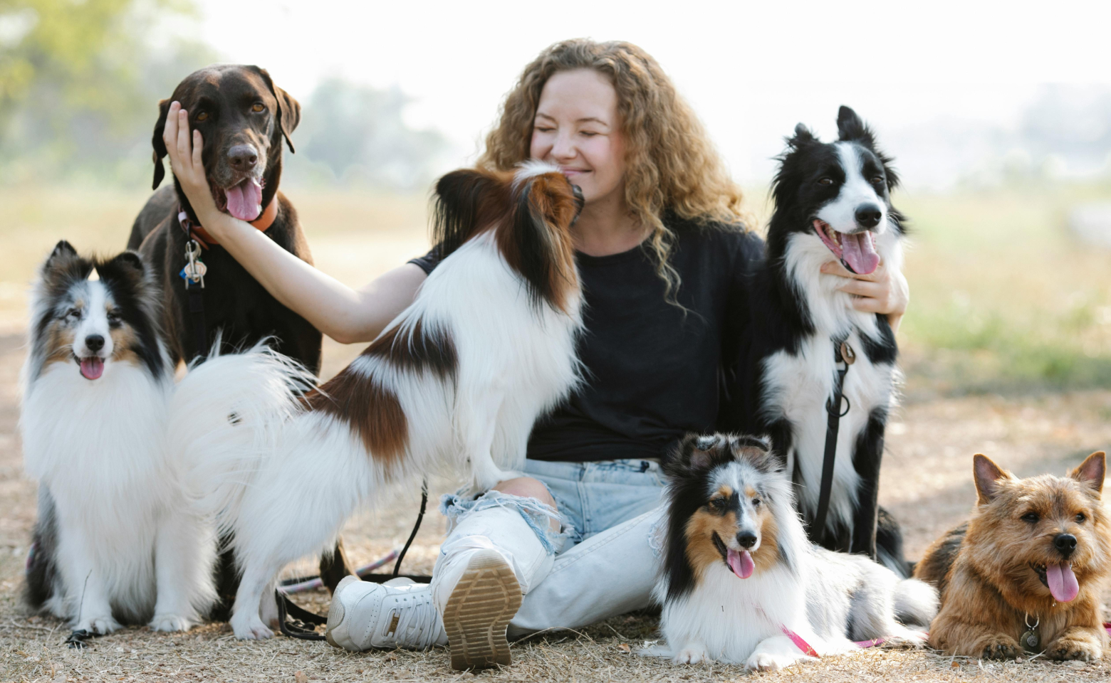 Woman sitting on ground outdoors with six dogs, one kissing her - related to article about Spring Allergens and Pets