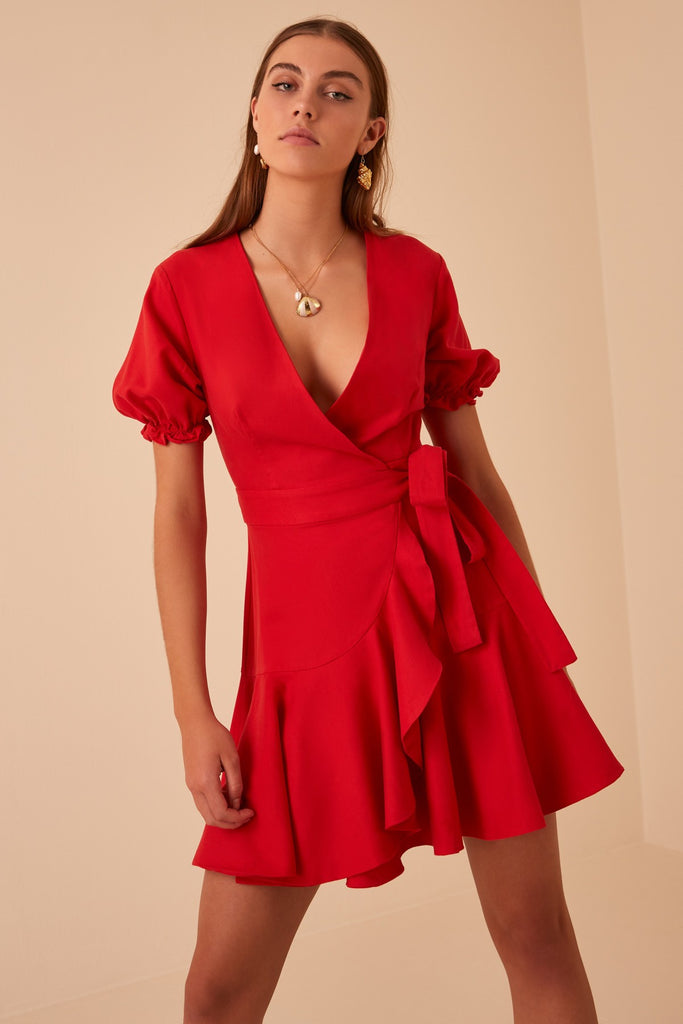 red wrap dress