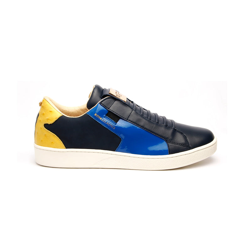 navy blue and yellow sneakers