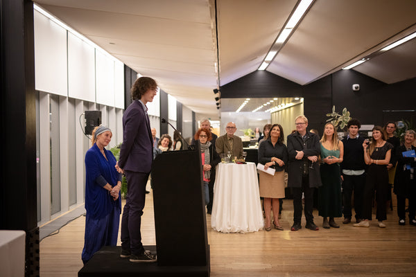 Sennen Davey thanks those present at the Memorial at the Tate Modern, left Victoria Burton Davey, right Freeny Yianni, Steve Bunn, Chloë Tinsley, Georgina Tinsley, Frances Morris