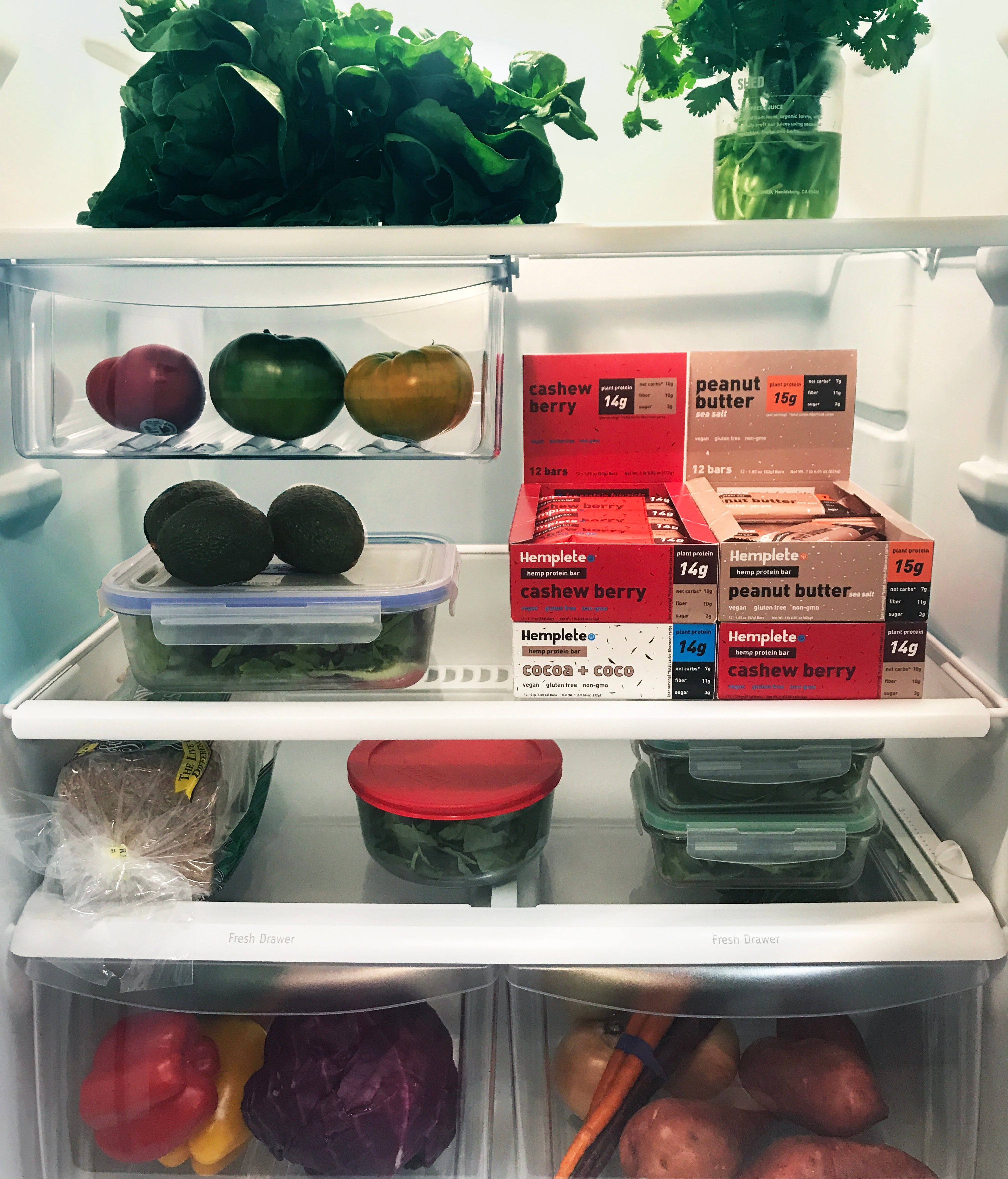 Plant foods on refrigerator shelves