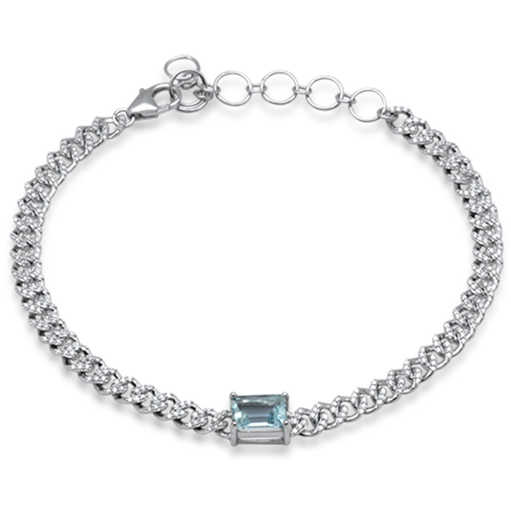 ''SPECIAL!1.09ct G SI 14K White Gold Aqua Gemstone & Diamond Cuban BRACELET 6+1.5'''' Long''