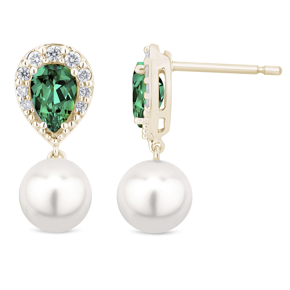 5.49ct G SI 14K Yellow Gold DIAMOND & Emerald Gemstones & Pearl Dangling Earrings