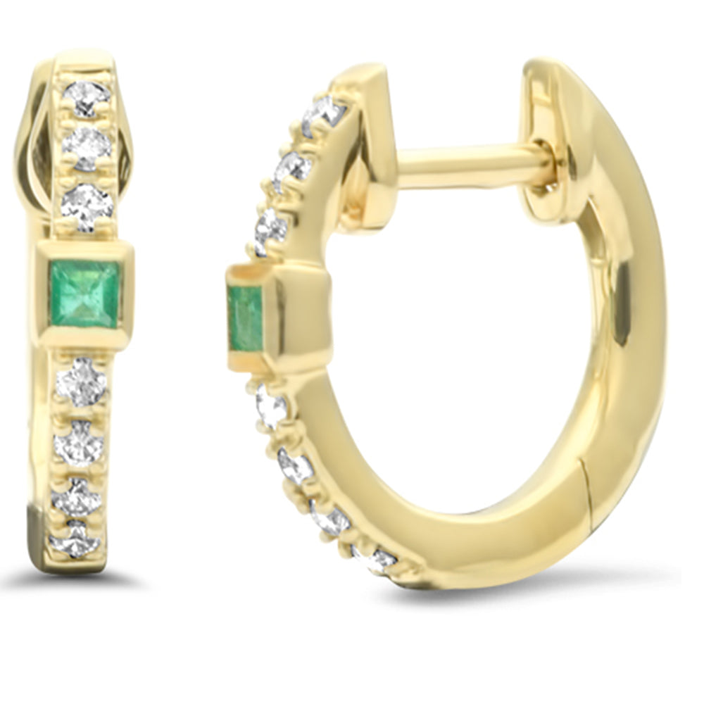 .15ct G SI 14K Yellow Gold DIAMOND Emerald Gemstones Hoop Earrings