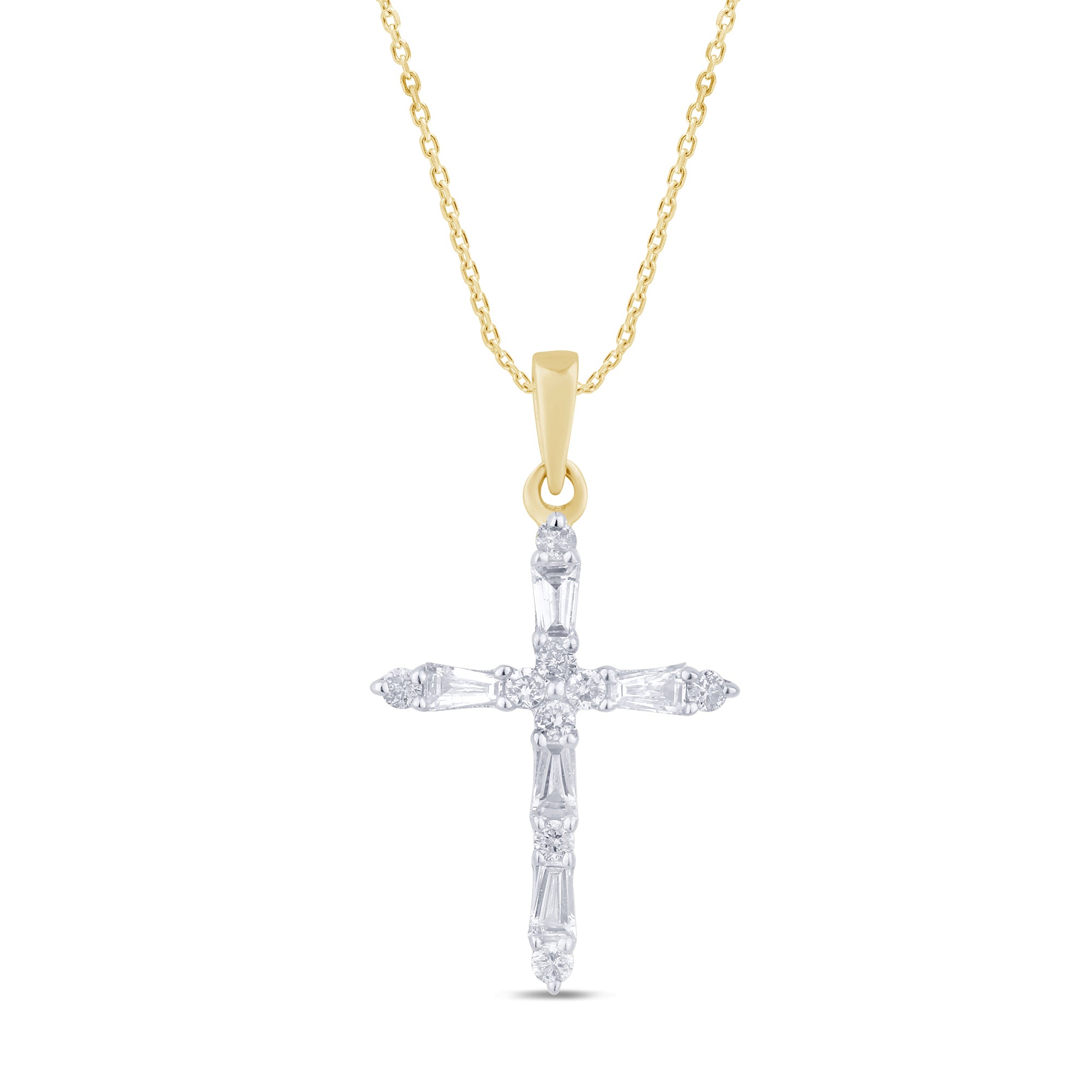 ''.21ct G SI 14K Yellow Gold Round & Baguette DIAMOND Cross Pendant Necklace 18'''' Long''