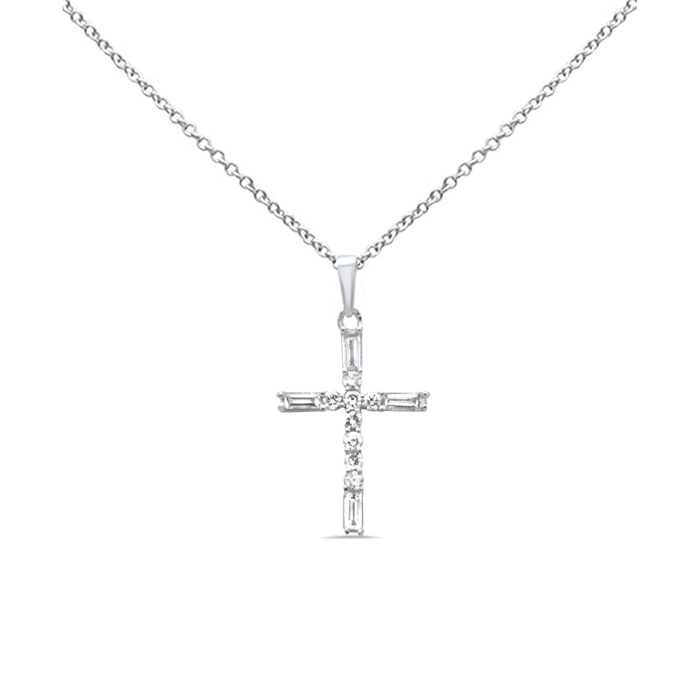 ''SPECIAL!  .30ct G SI 14K White Gold Round & Baguette DIAMOND Cross Pendant Necklace 18'''' Long''