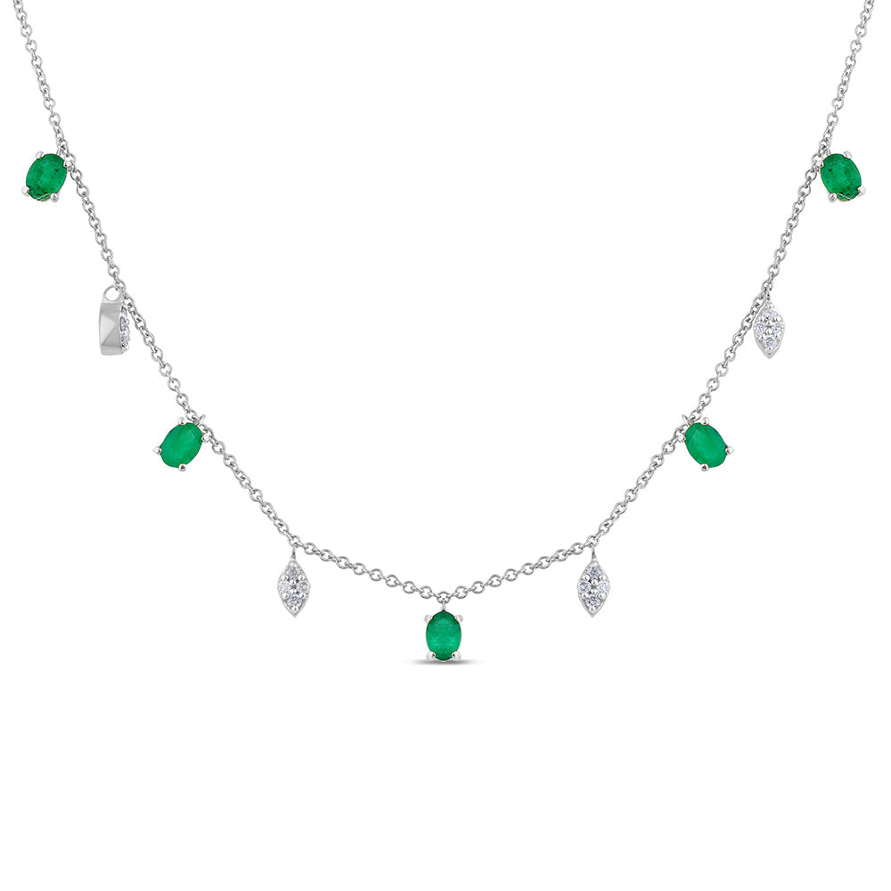 ''SPECIAL!  .91ct G SI 14K White Gold DIAMOND & Emerald Gemstone Dangling Pendant Necklace 16'''' + 2''''