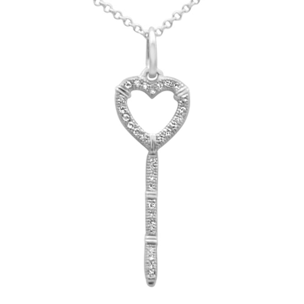 ''.09ct G SI 14K White GOLD Diamond Heart Key Pendant Necklace 18'''' Long''