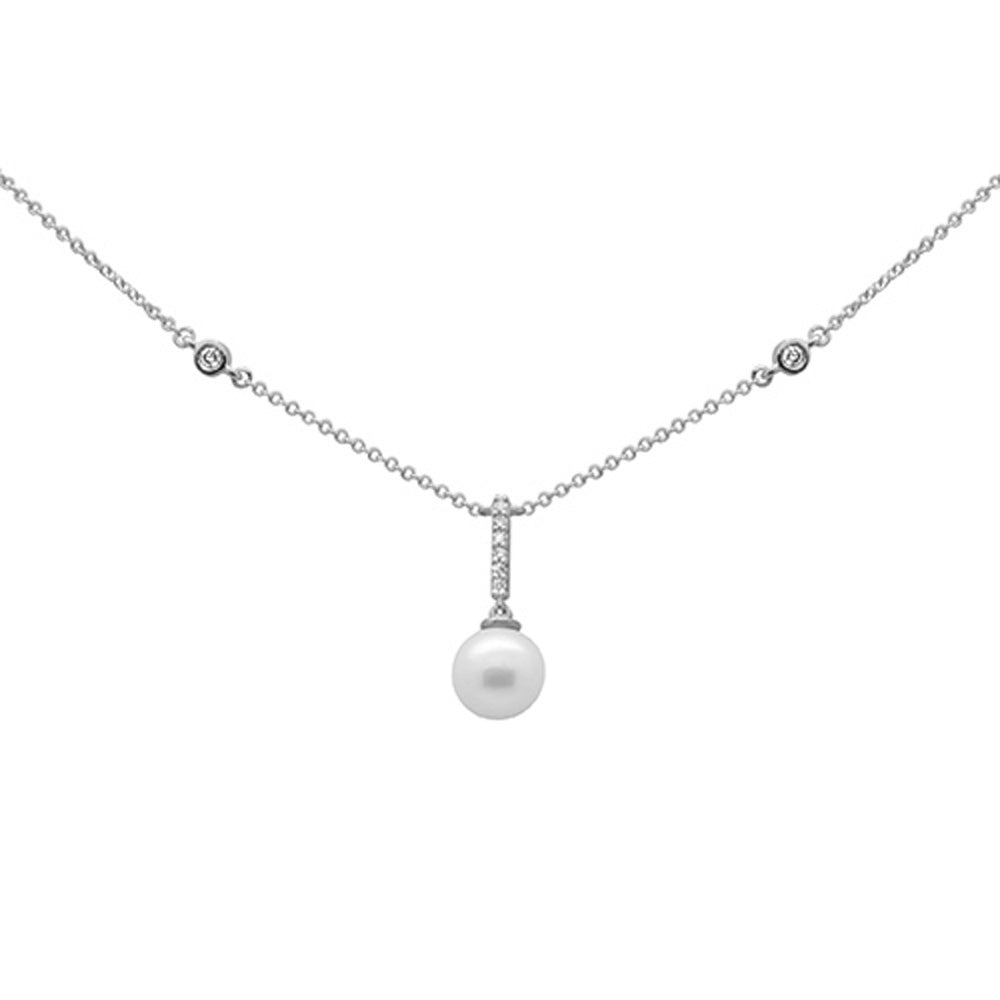 ''.08ct G SI 14K White Gold DIAMOND Dangling Pearl Pendant Necklace 16'''' + 2'''' EXT''