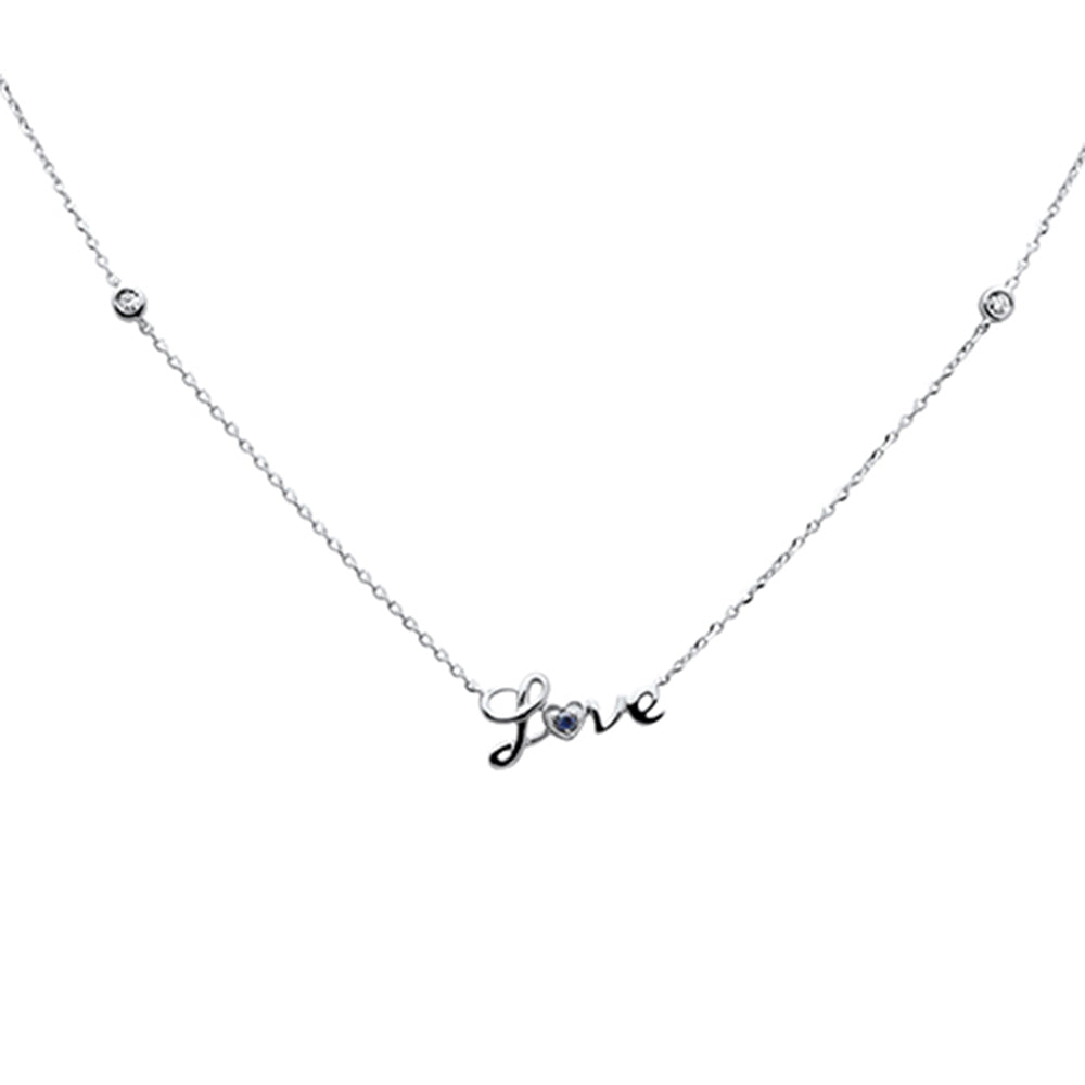 ''.07ct G SI 14K White Gold DIAMOND & Blue Sapphire Gemstones ''''Love'''' Pendant Necklace 16+2'''' Ext Lo