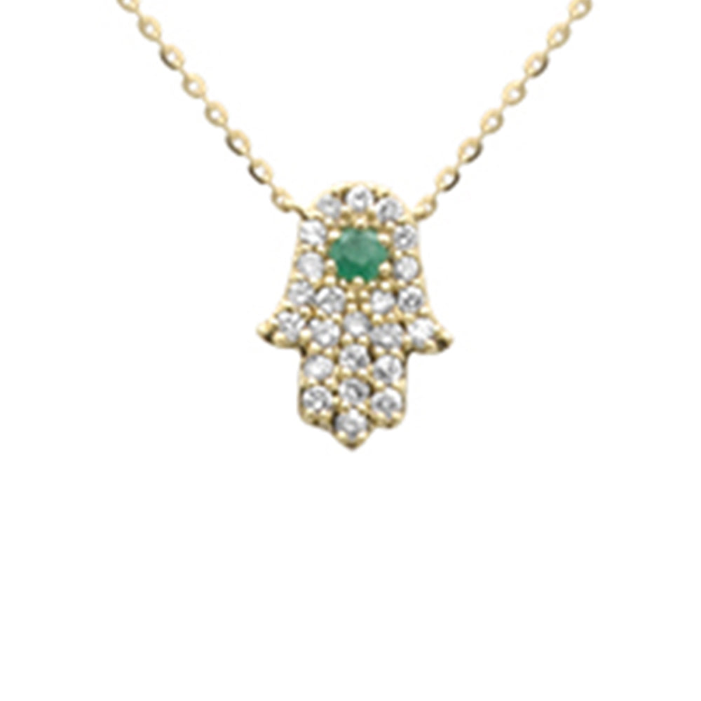 ''.17ct G SI 14K Yellow Gold DIAMOND & Emerald Gemstone Hamsa Pendant Necklace 16+2'''' Ext''