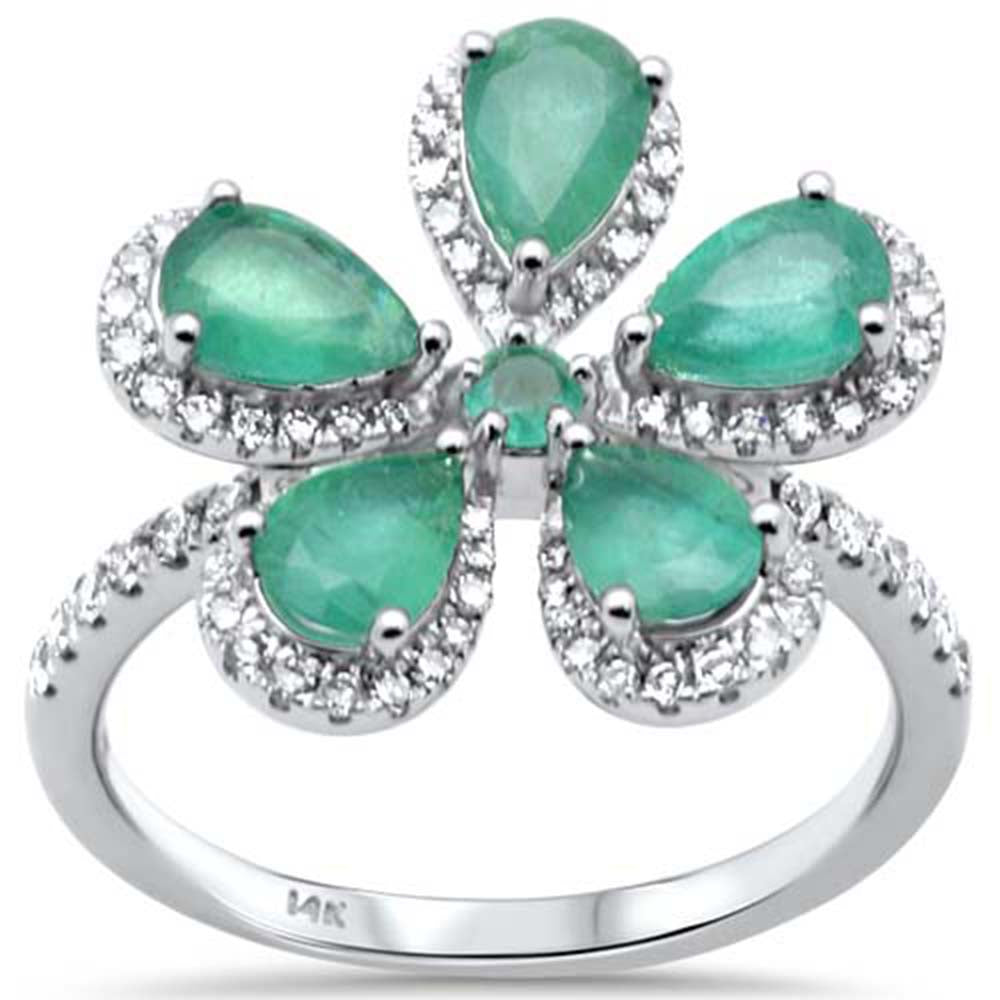 SPECIAL!  2.30ct G SI 14K White Gold DIAMOND & Emerald Gemstones Flower Ring Size 7