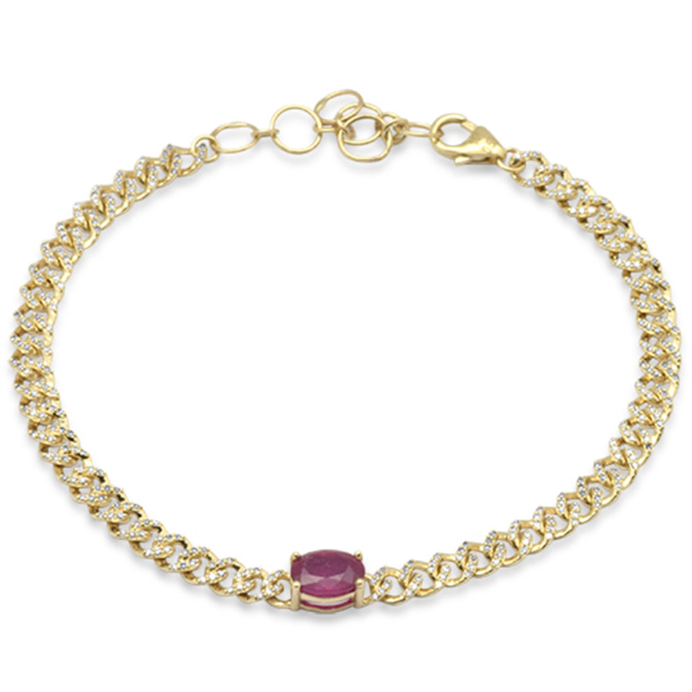 ''SPECIAL!1.74ct G SI 14K Yellow Gold Oval Ruby Gemstone & DIAMOND Cuban Bracelet 6+1.5'''' Long''