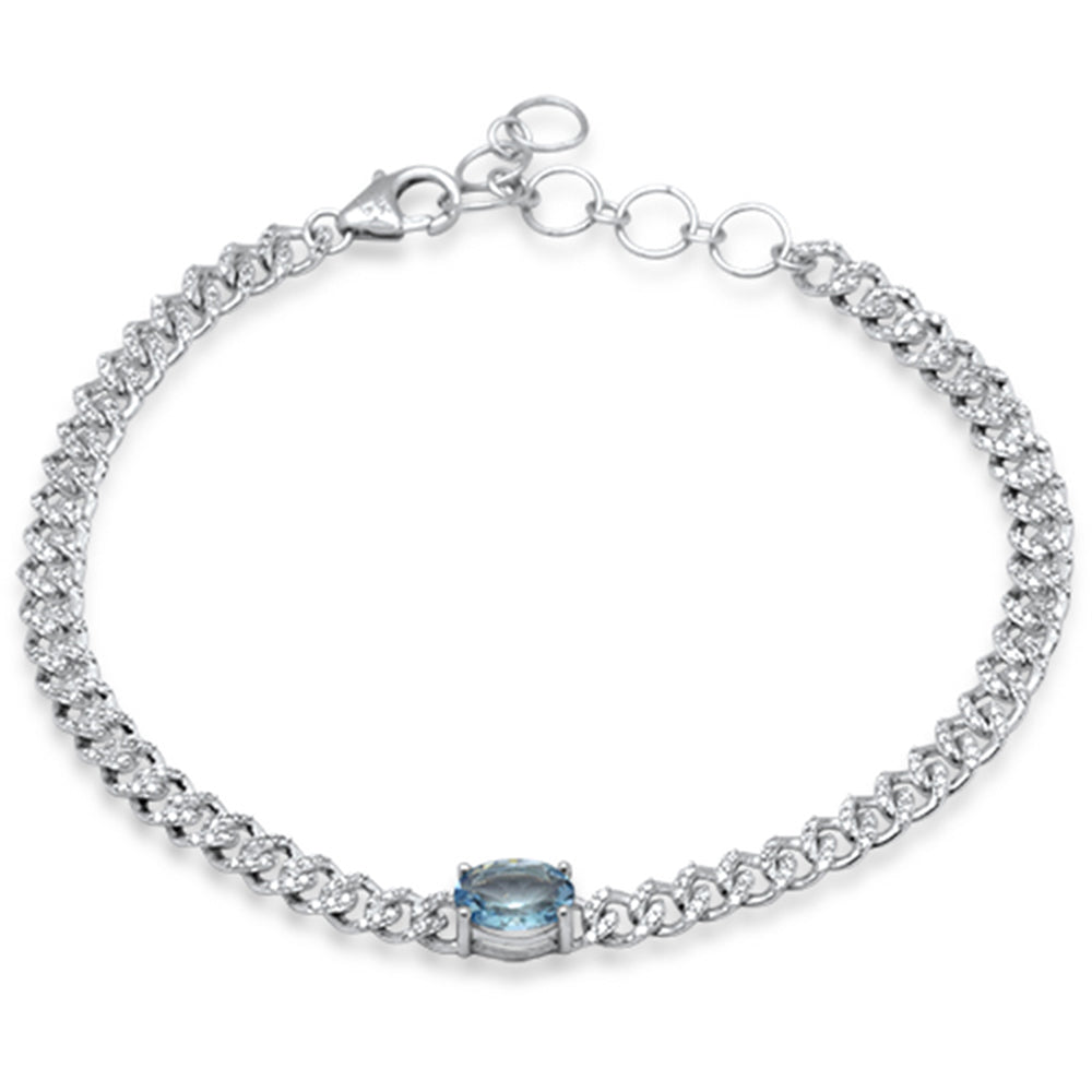 ''SPECIAL!1.26ct G SI 14K White Gold Oval Aqua Gemstone & Diamond Cuban BRACELET 6+1.5'''' Long''