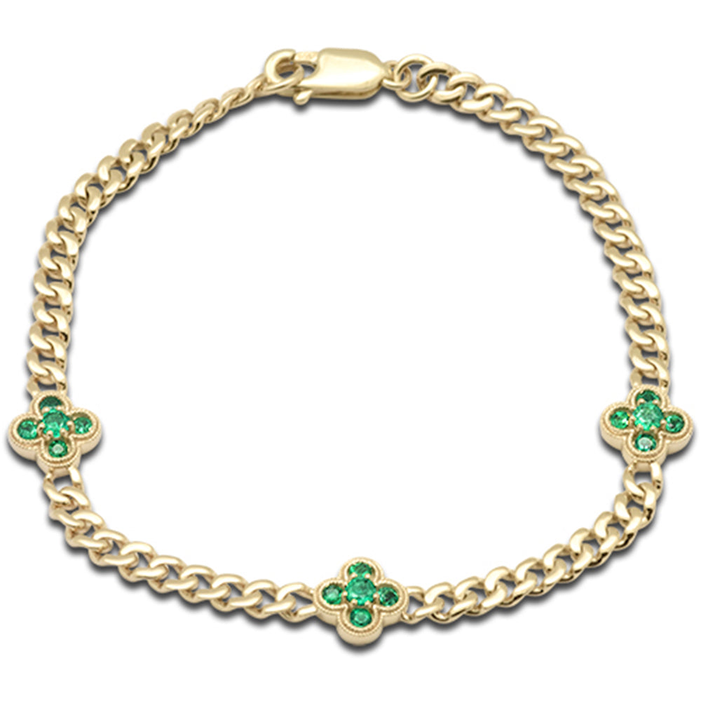 ''SPECIAL!  .52ct G SI 14K Yellow Gold Emerald Gemstone Flower Cuban BRACELET 7'''' Long''