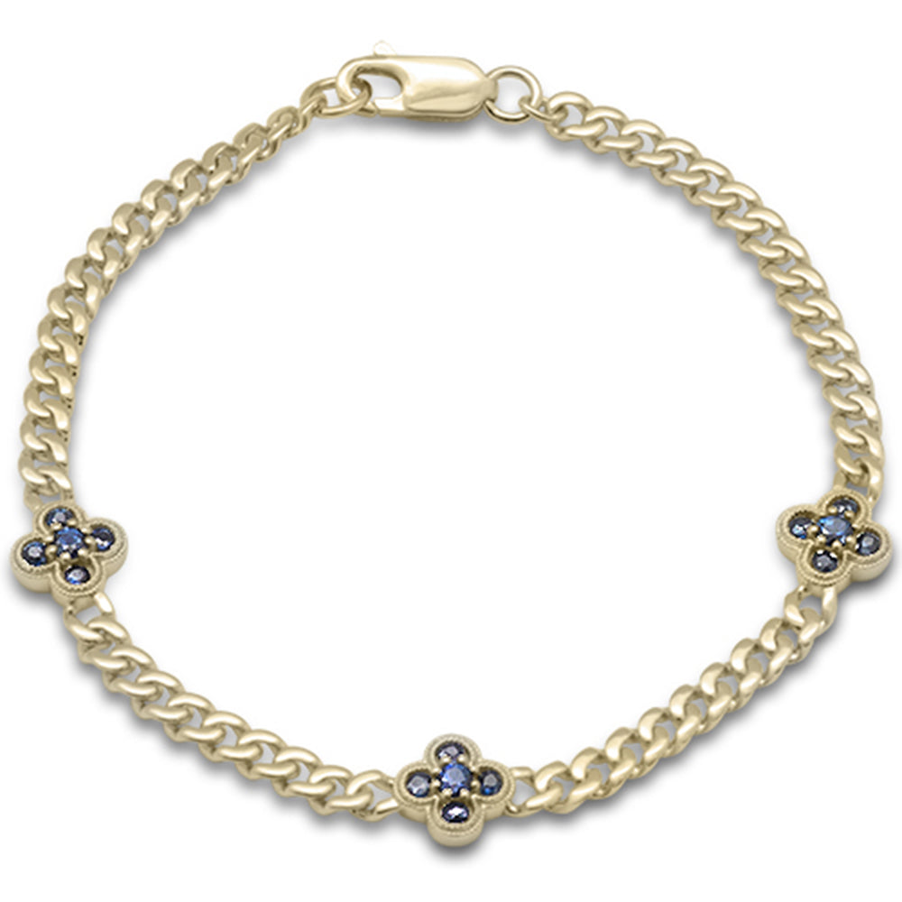 ''SPECIAL!  .70ct G SI 14K Yellow GOLD Blue Sapphire Gemstone Flower Cuban Bracelet 7'''' Long''