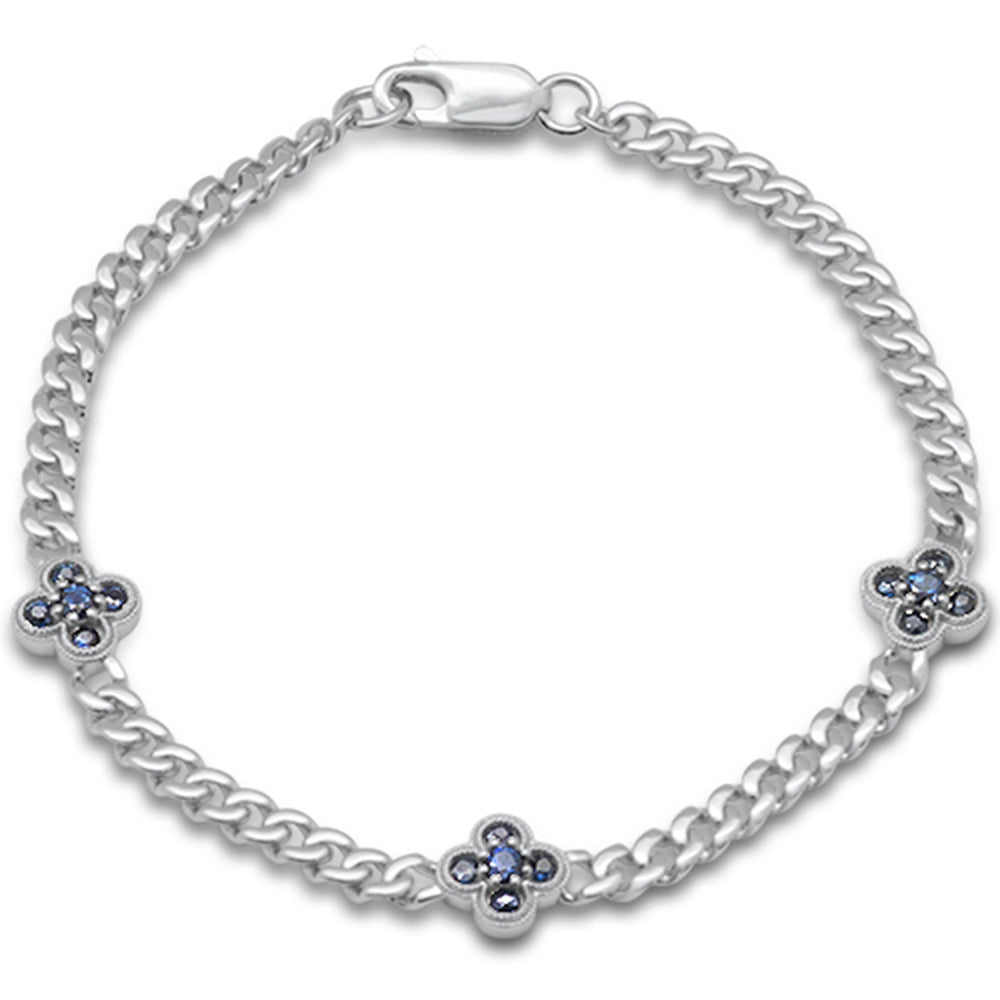 ''SPECIAL!  .70ct G SI 14K White Gold Blue Sapphire Gemstone Flower Cuban BRACELET 7'''' Long''