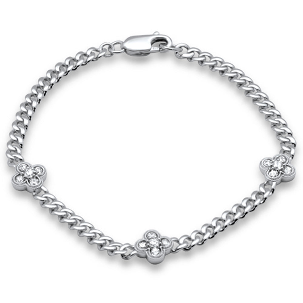 ''SPECIAL! .59ct G SI 14K White Gold Diamond Cuban Chain Flower BRACELET 7'''' Long''