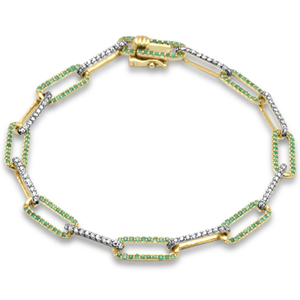 ''SPECIAL!  1.36ct G SI 14K Yellow Gold DIAMOND & Emerald Gemstone Paper Clip Link Bracelet 7'''' Long''