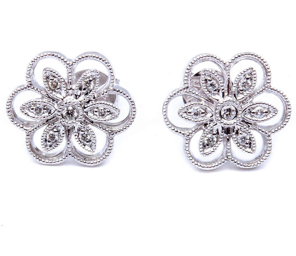 ''SPECIAL! Designer 14kt White Gold Antique Style DIAMOND Flower Motif Stud Earrings''